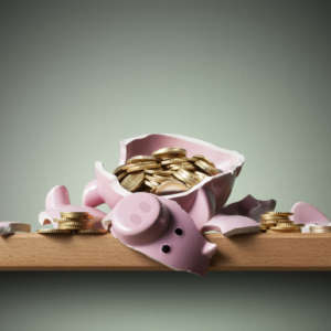 Savings. Broken piggy bank with coins.